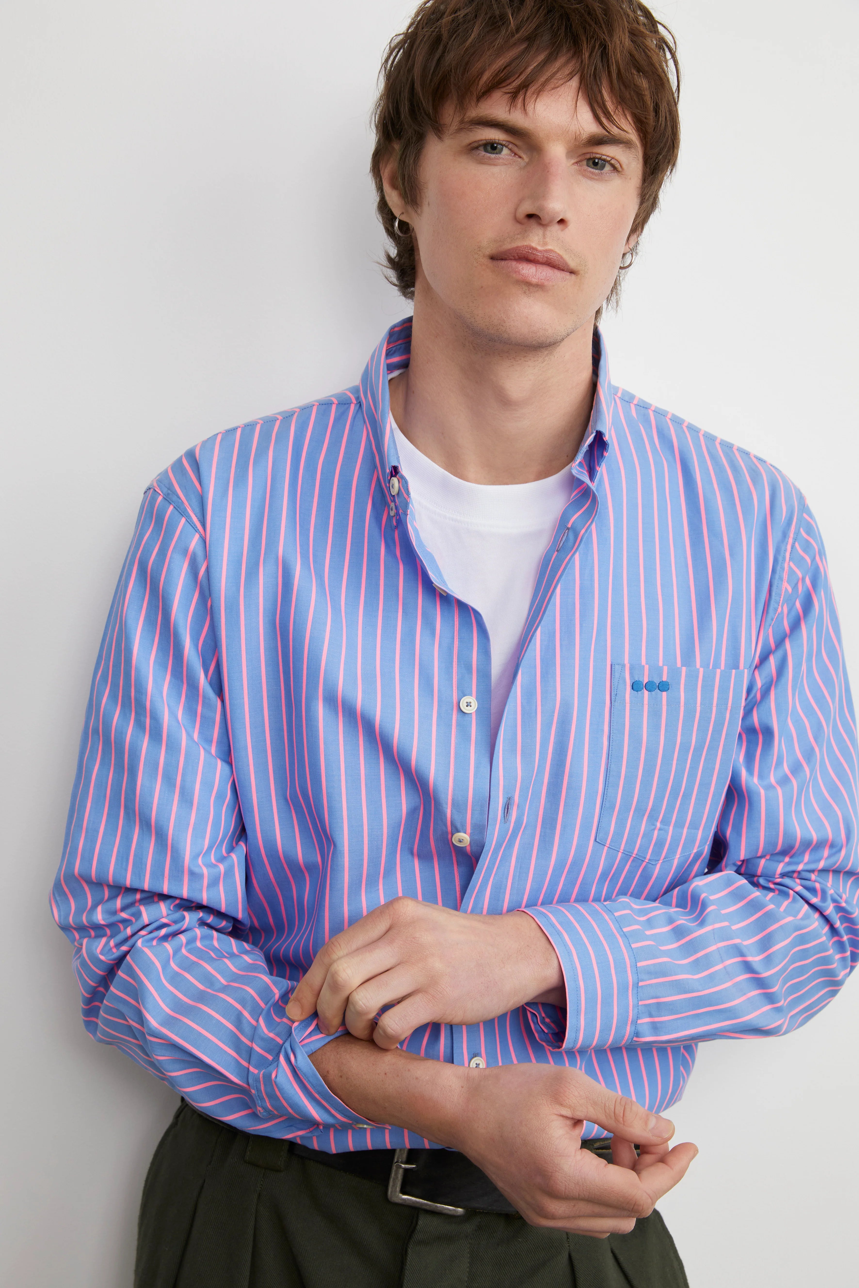 Lavender blue heol shirt with pink stripes