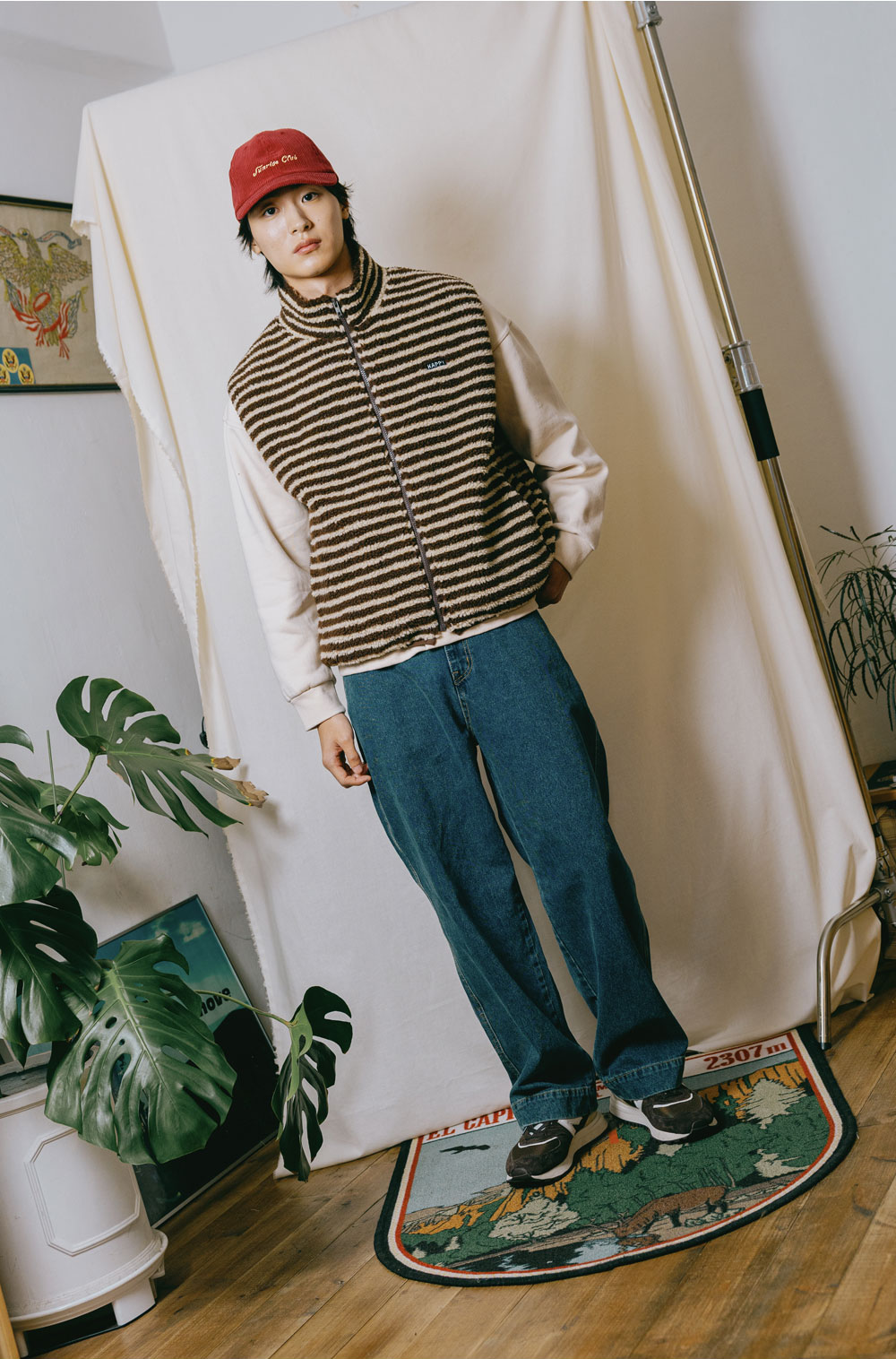 Stripe fleece zipper vest brown